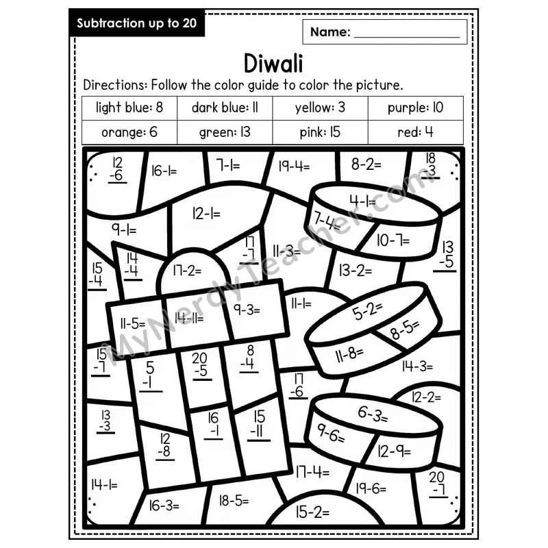 Subtraction to 20 Color by Number — Diwali (Page 6)
