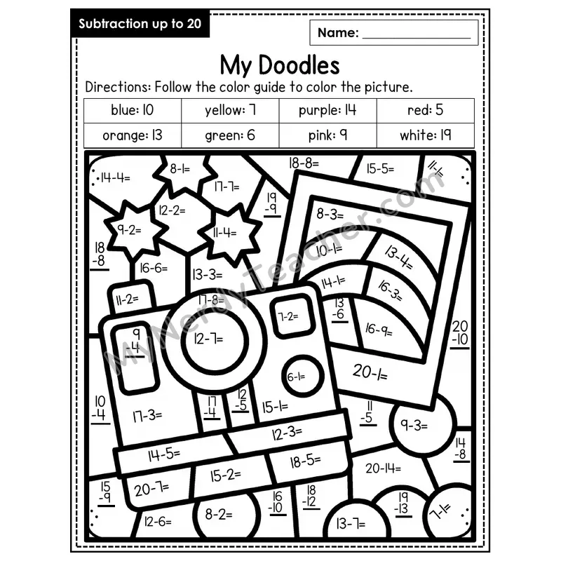 Subtraction to 20 Color by Number — Doodles (Page 1)