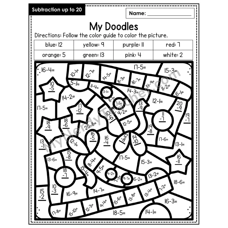 Subtraction to 20 Color by Number — Doodles (Page 2)