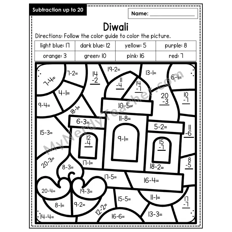 Subtraction to 20 Color by Number — Diwali (Page 7)