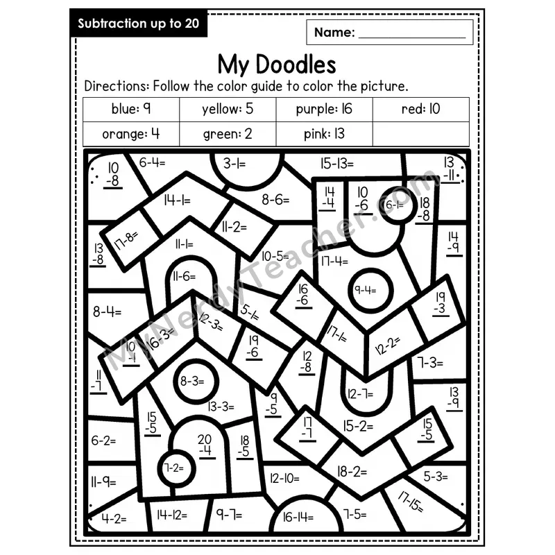 Subtraction to 20 Color by Number — Doodles (Page 3)