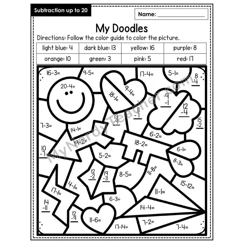 Subtraction to 20 Color by Number — Doodles (Page 7)