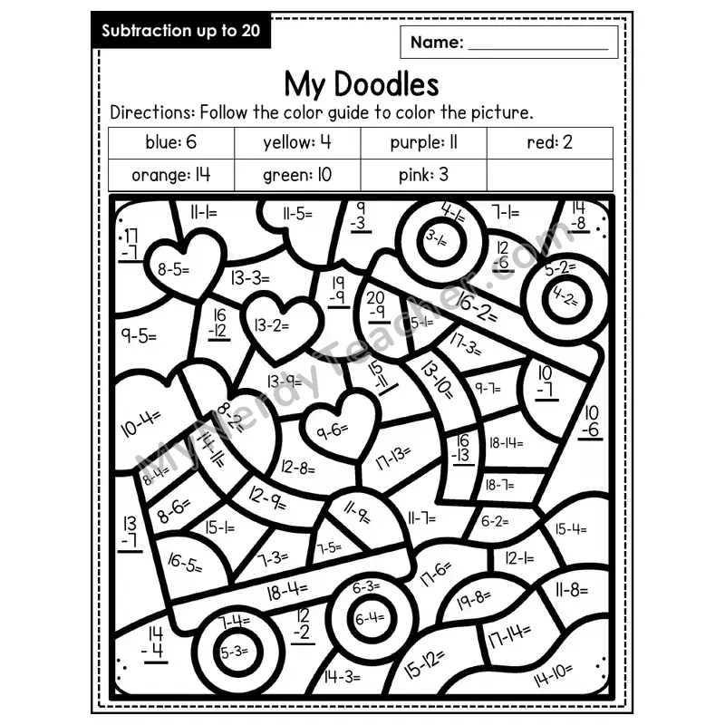Subtraction to 20 Color by Number — Doodles (Page 4)