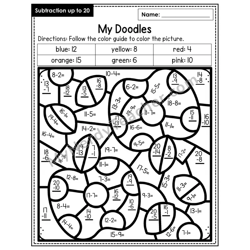 Subtraction to 20 Color by Number — Doodles (Page 5)