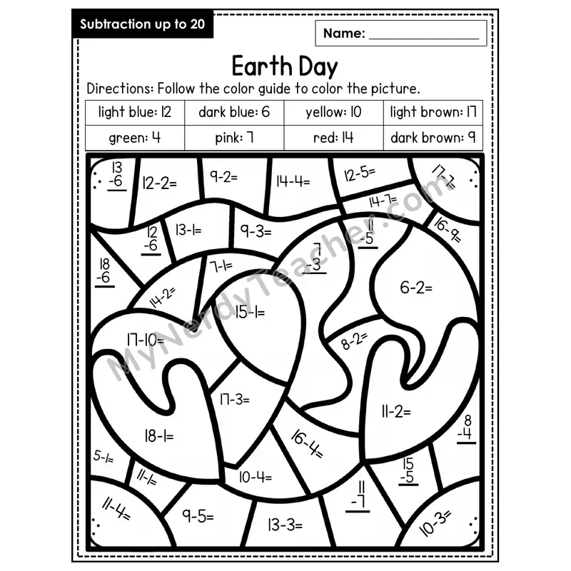 Subtraction to 20 Color by Number — Earth Day (Page 4)