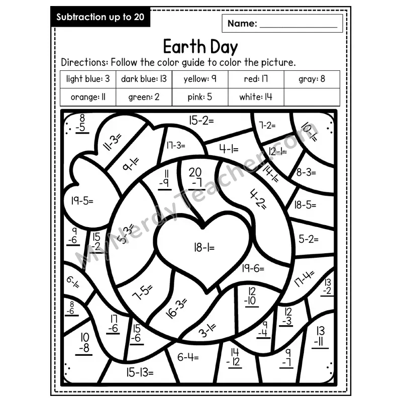 Subtraction to 20 Color by Number — Earth Day (Page 3)