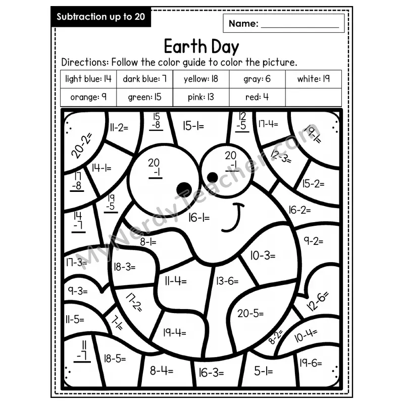 Subtraction to 20 Color by Number — Earth Day (Page 1)