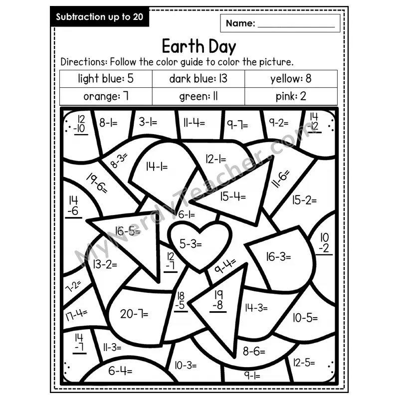 Subtraction to 20 Color by Number — Earth Day (Page 6)
