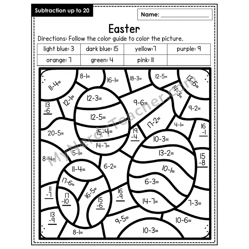 Subtraction to 20 Color by Number — Easter (Page 3)