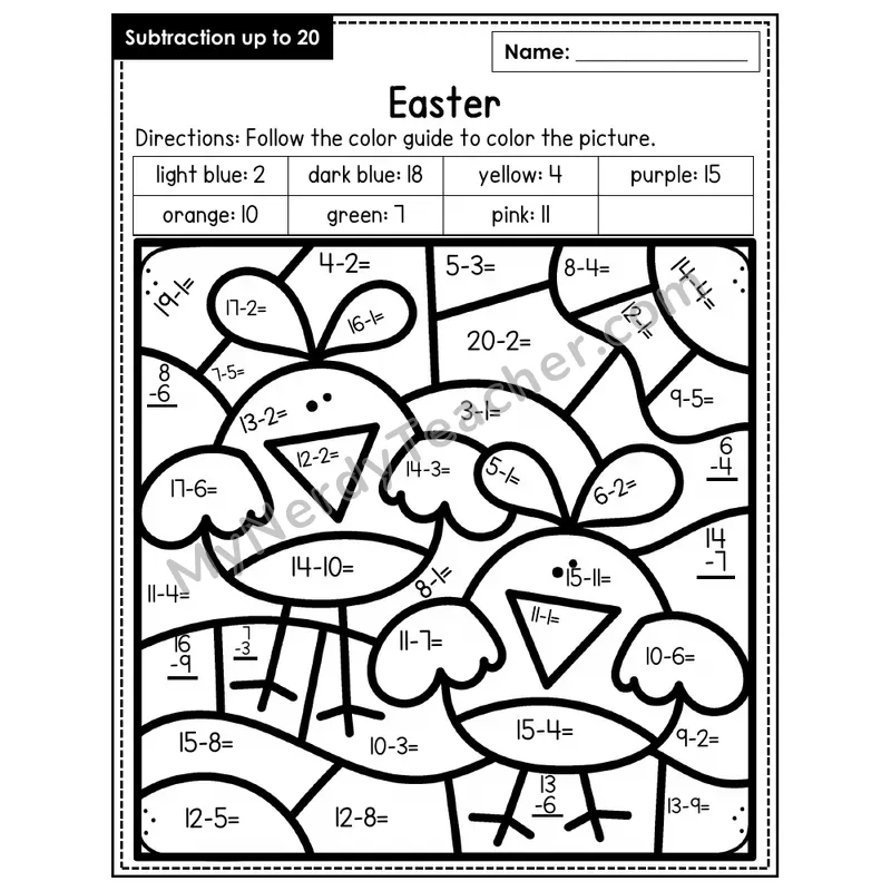 Subtraction to 20 Color by Number — Easter (Page 2)