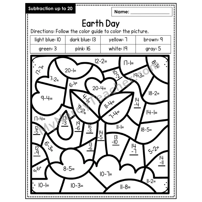 Subtraction to 20 Color by Number — Earth Day (Page 5)