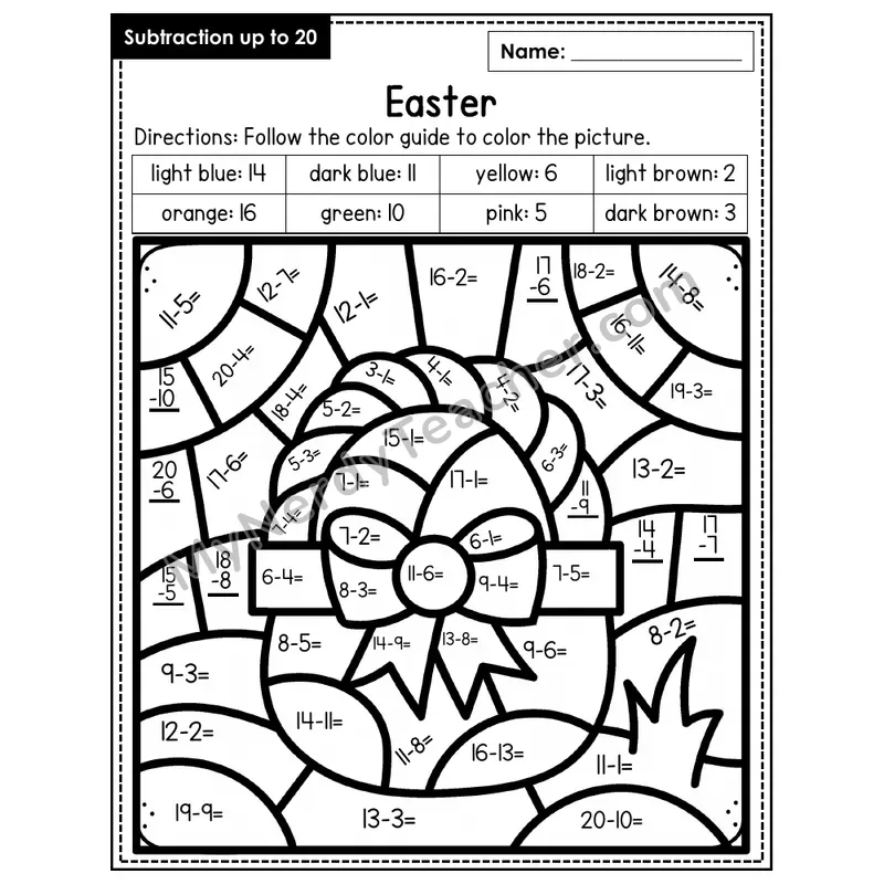 Subtraction to 20 Color by Number — Easter (Page 1)