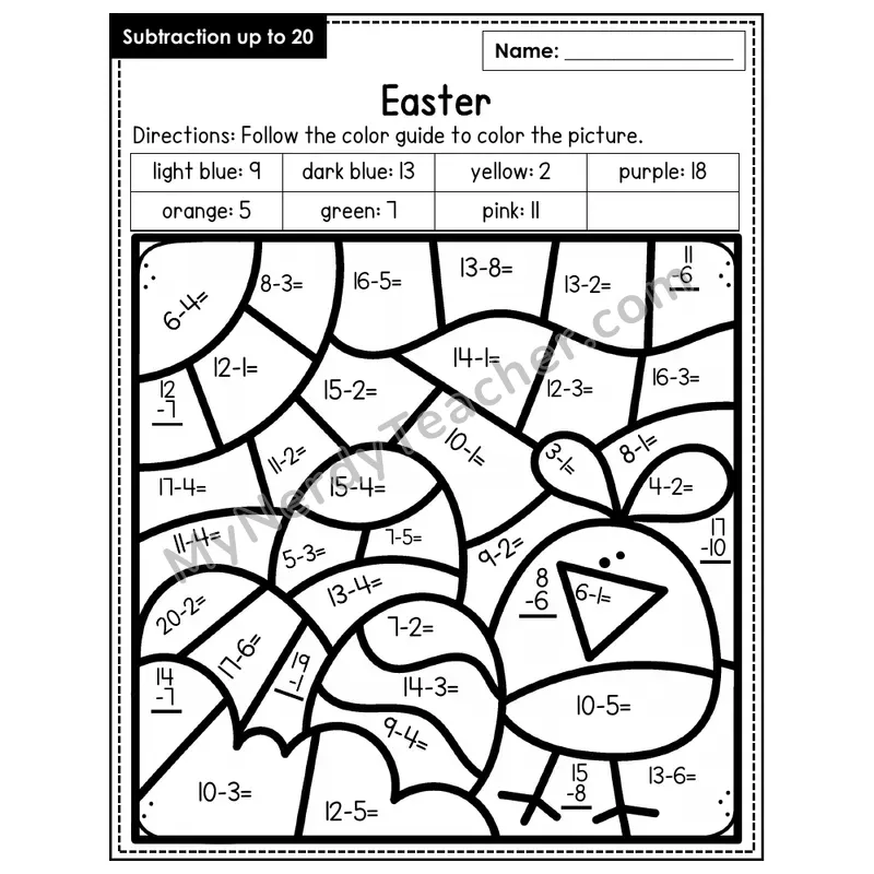 Subtraction to 20 Color by Number — Easter (Page 6)