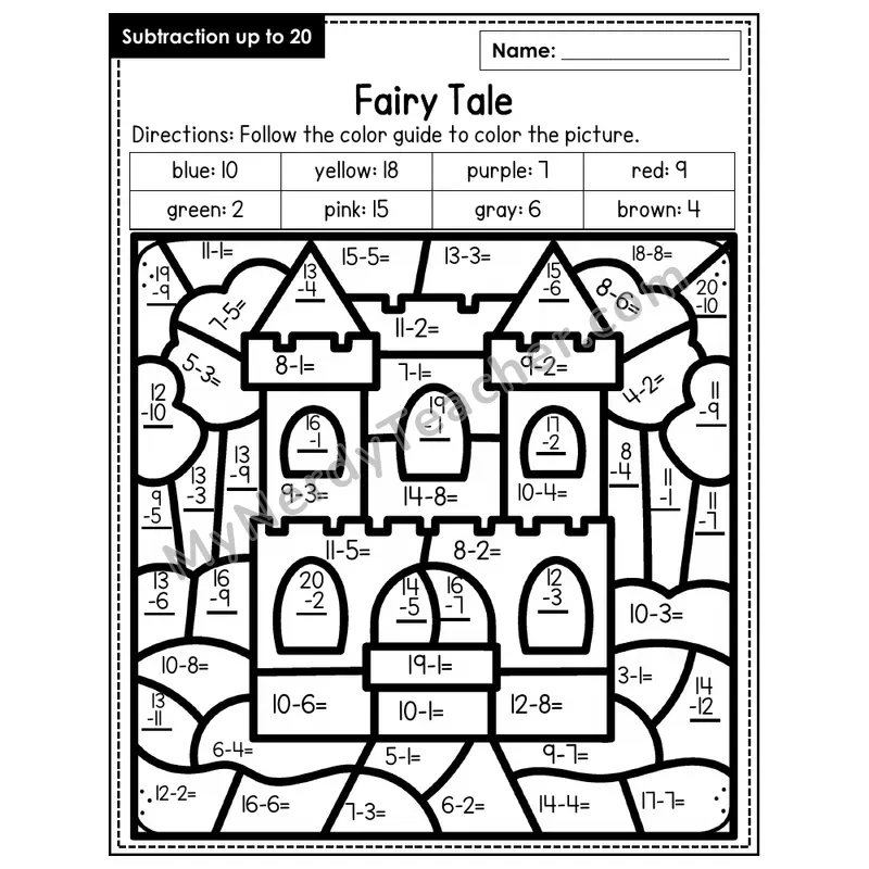 Subtraction to 20 Color by Number — Fairytale (Page 6)