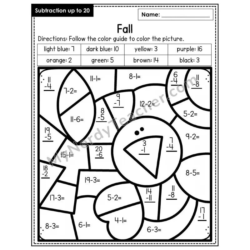 Subtraction to 20 Color by Number — Fall (Page 3)