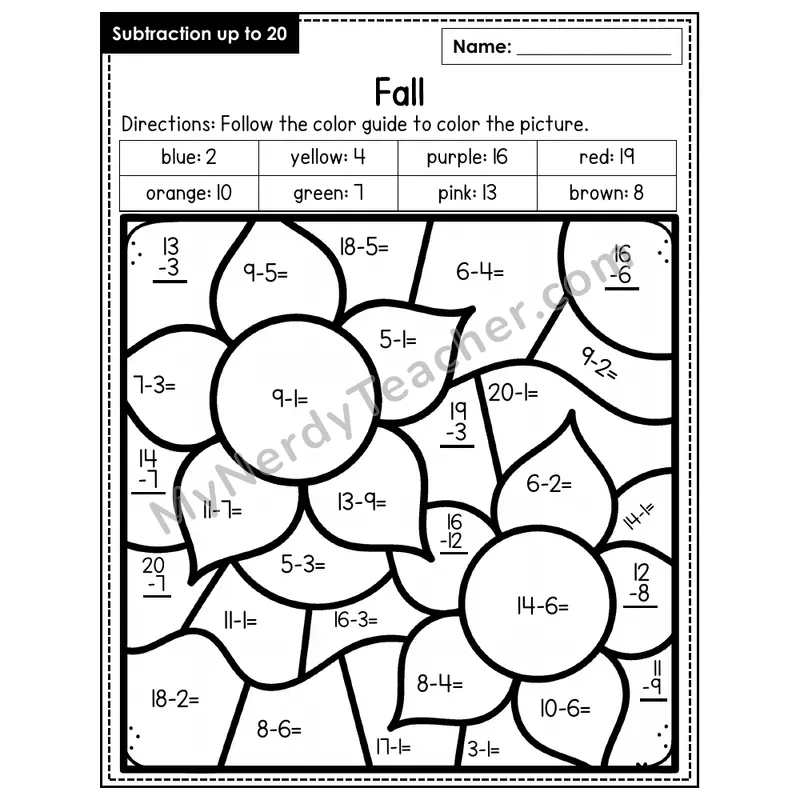 Subtraction to 20 Color by Number — Fall (Page 4)
