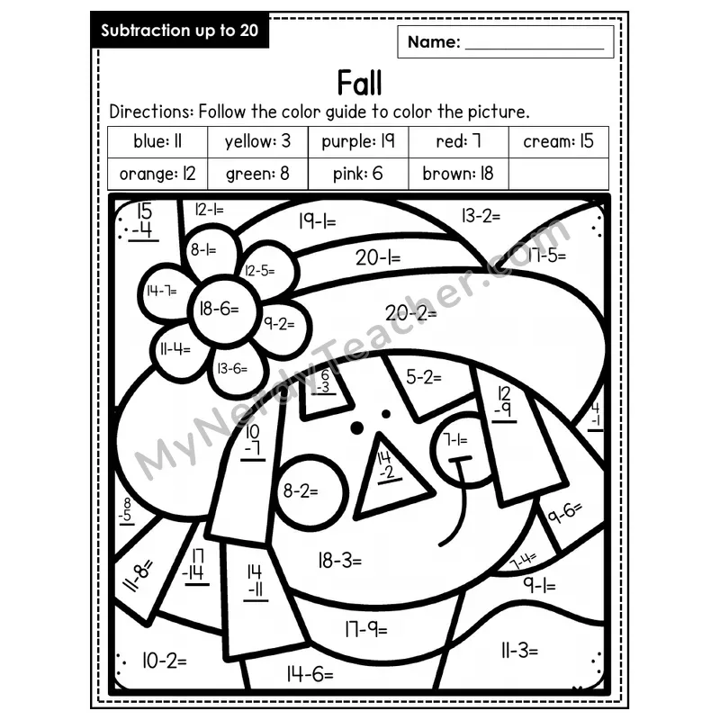 Subtraction to 20 Color by Number — Fall (Page 6)