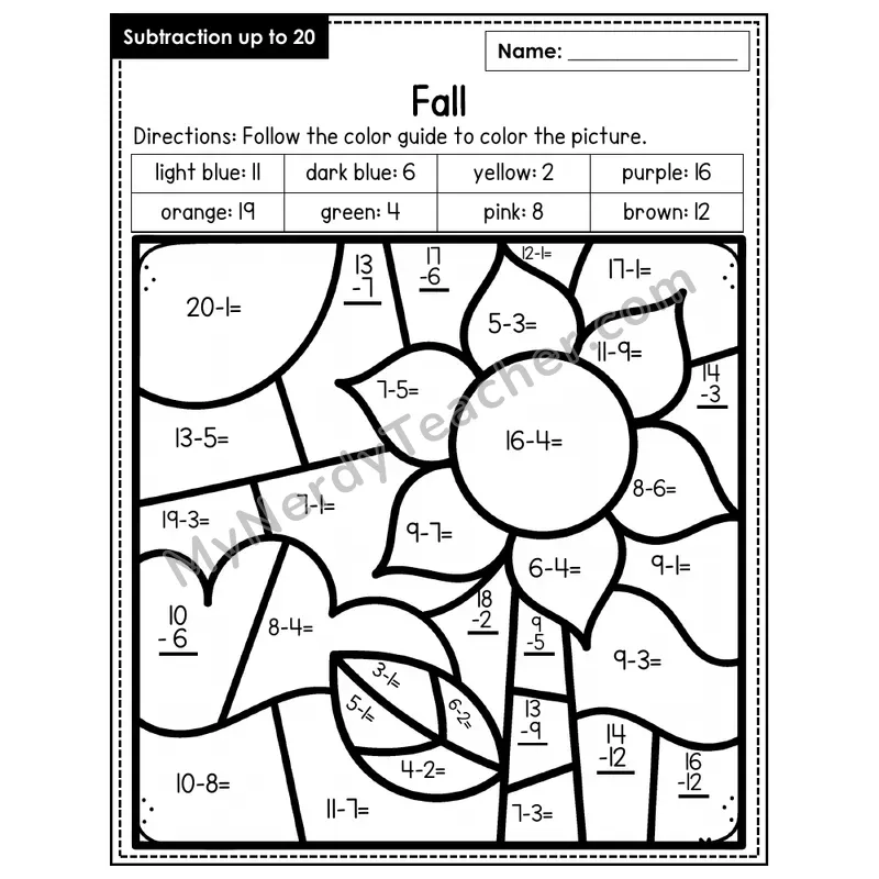Subtraction to 20 Color by Number — Fall (Page 8)