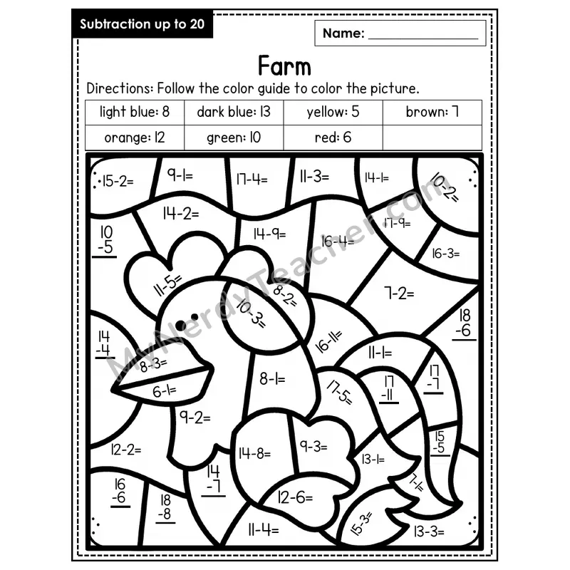 Subtraction to 20 Color by Number — Farm (Page 5)