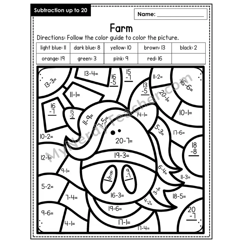 Subtraction to 20 Color by Number — Farm (Page 3)