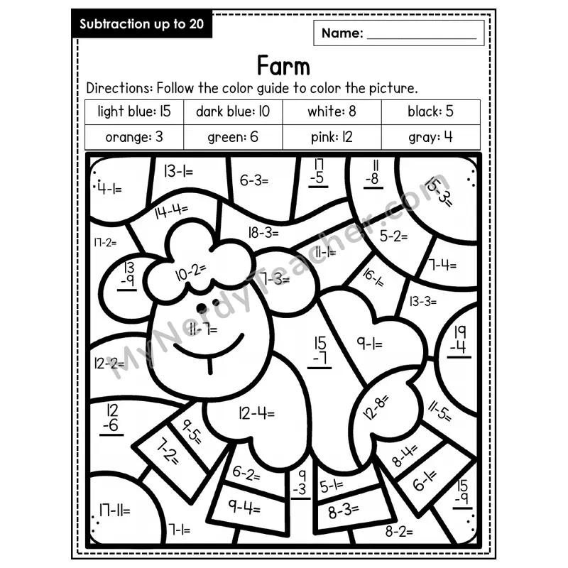Subtraction to 20 Color by Number — Farm (Page 6)