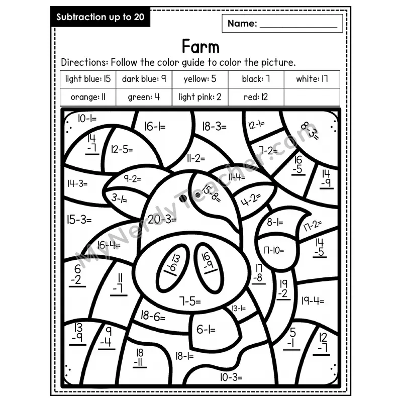 Subtraction to 20 Color by Number — Farm (Page 2)