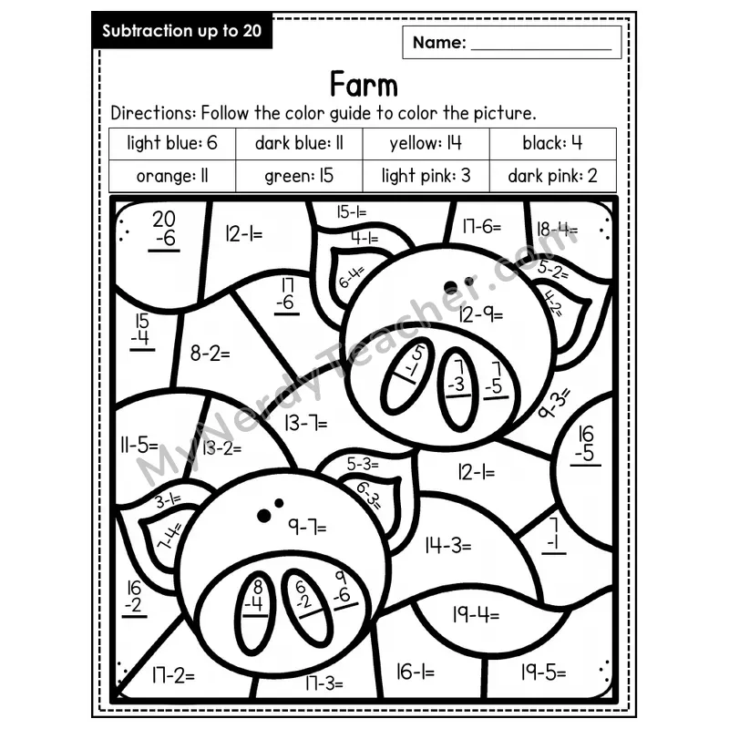 Subtraction to 20 Color by Number — Farm (Page 4)