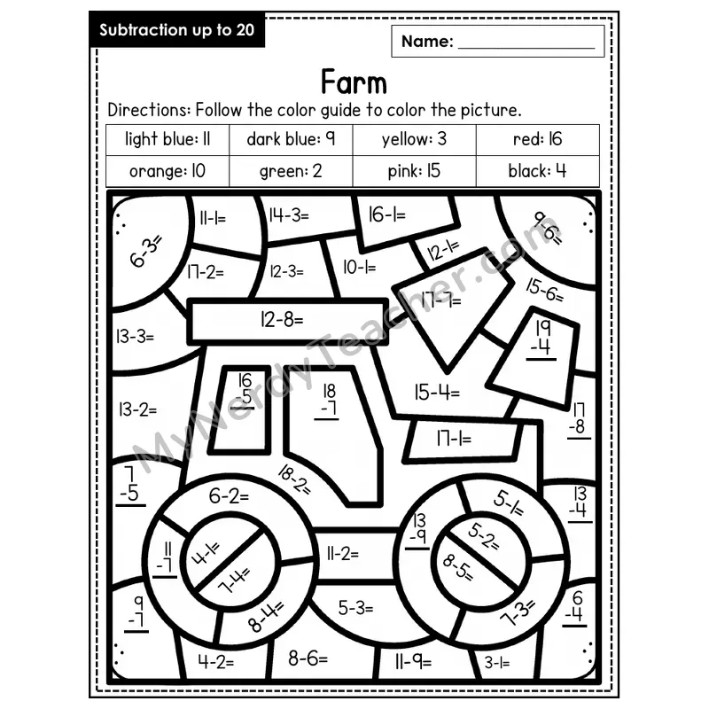 Subtraction to 20 Color by Number — Farm (Page 7)
