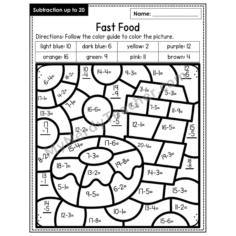 Subtraction to 20 Color by Number — Fast Food (Page 1)