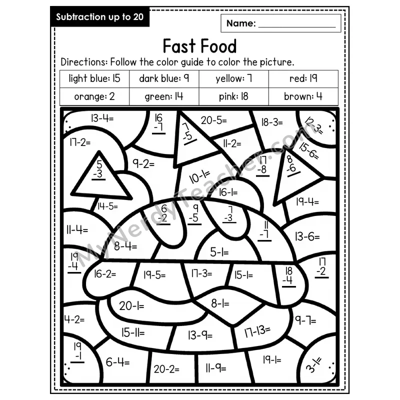 Subtraction to 20 Color by Number — Fast Food (Page 8)