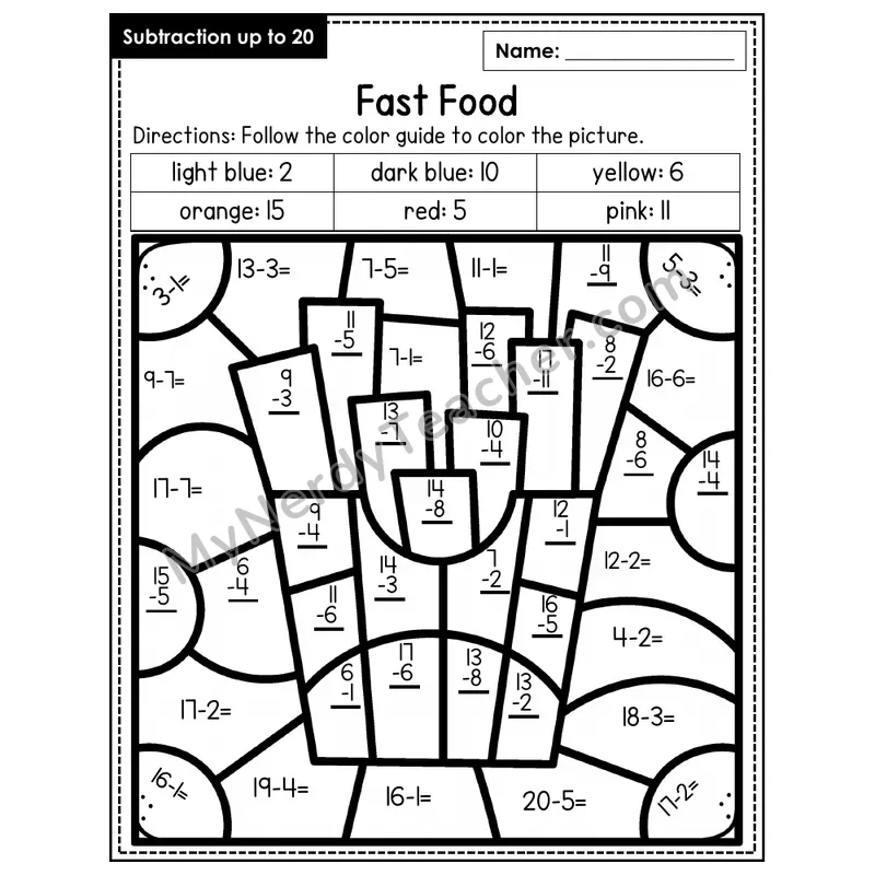 Subtraction to 20 Color by Number — Fast Food (Page 6)