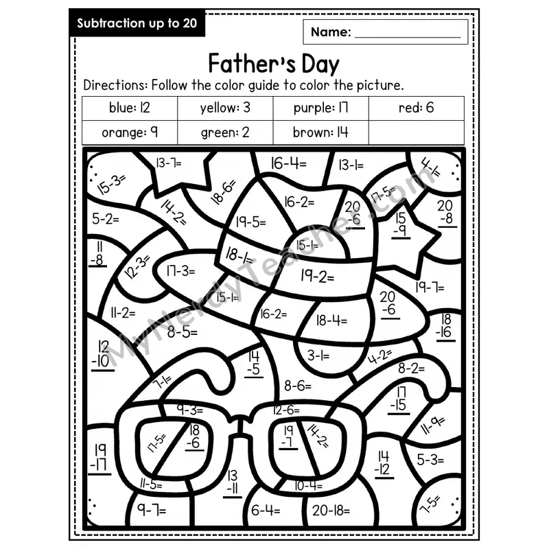 Subtraction to 20 Color by Number — Father's Day (Page 9)
