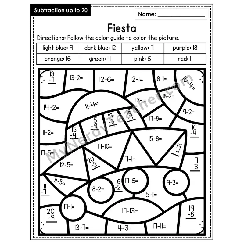 Subtraction to 20 Color by Number — Fiesta (Page 1)