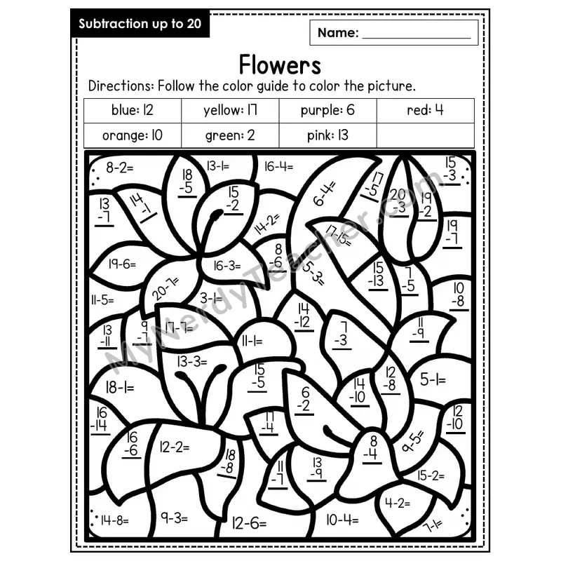 Subtraction to 20 Color by Number — Flowers (Page 3)