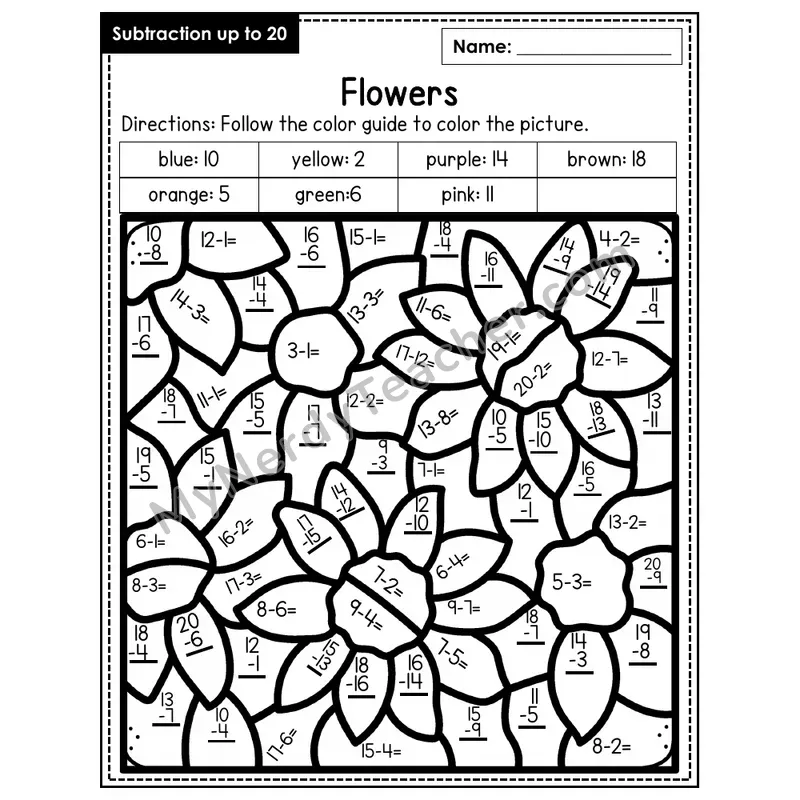 Subtraction to 20 Color by Number — Flowers (Page 1)