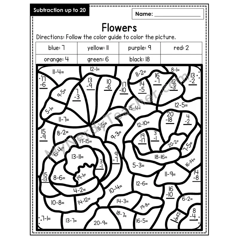 Subtraction to 20 Color by Number — Flowers (Page 5)