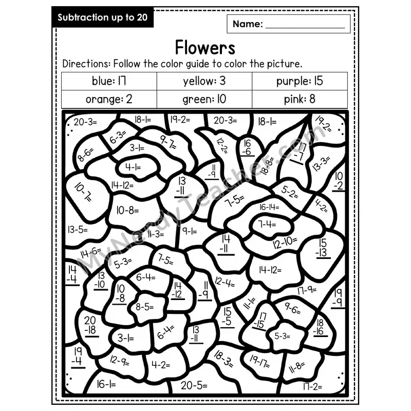 Subtraction to 20 Color by Number — Flowers (Page 4)
