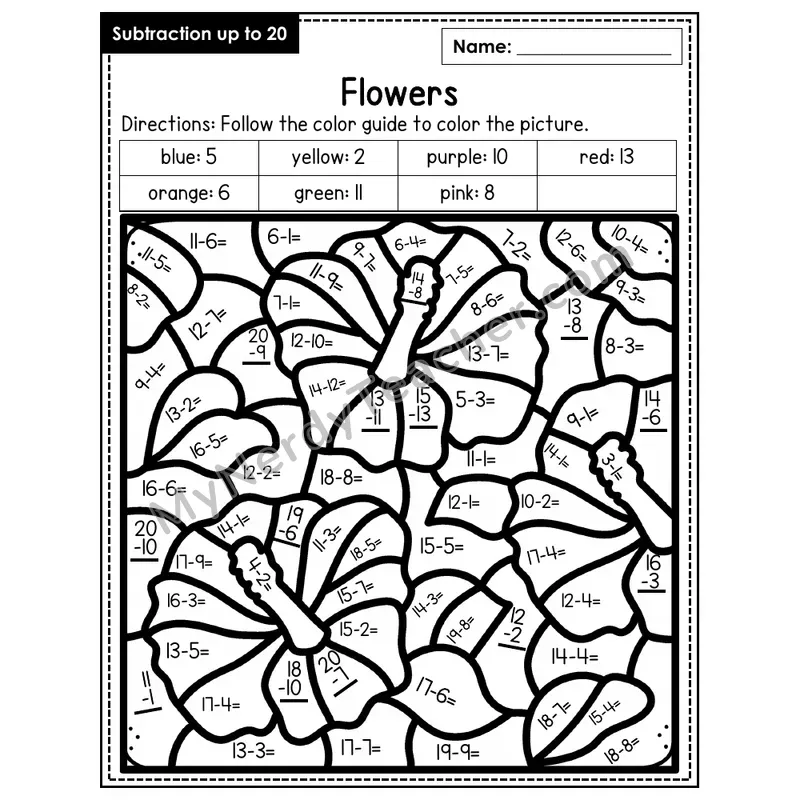 Subtraction to 20 Color by Number — Flowers (Page 2)