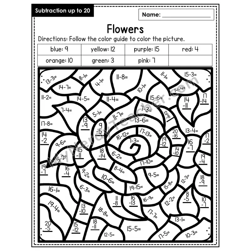 Subtraction to 20 Color by Number — Flowers (Page 6)