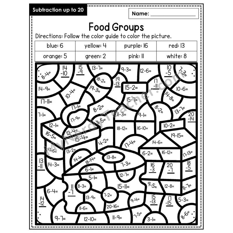 Subtraction to 20 Color by Number — Food Groups (Page 1)