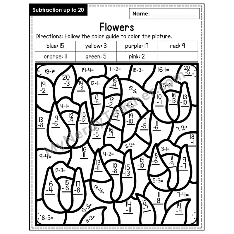 Subtraction to 20 Color by Number — Flowers (Page 8)