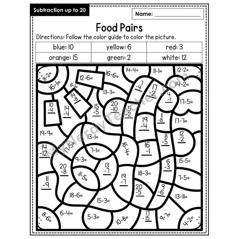 Subtraction to 20 Color by Number — Food Pairs (Page 1)