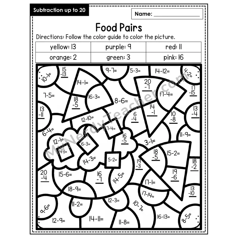 Subtraction to 20 Color by Number — Food Pairs (Page 4)