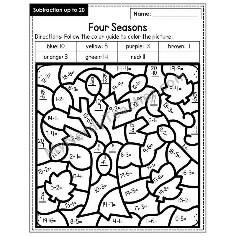 Subtraction to 20 Color by Number — Four Seasons (Page 1)