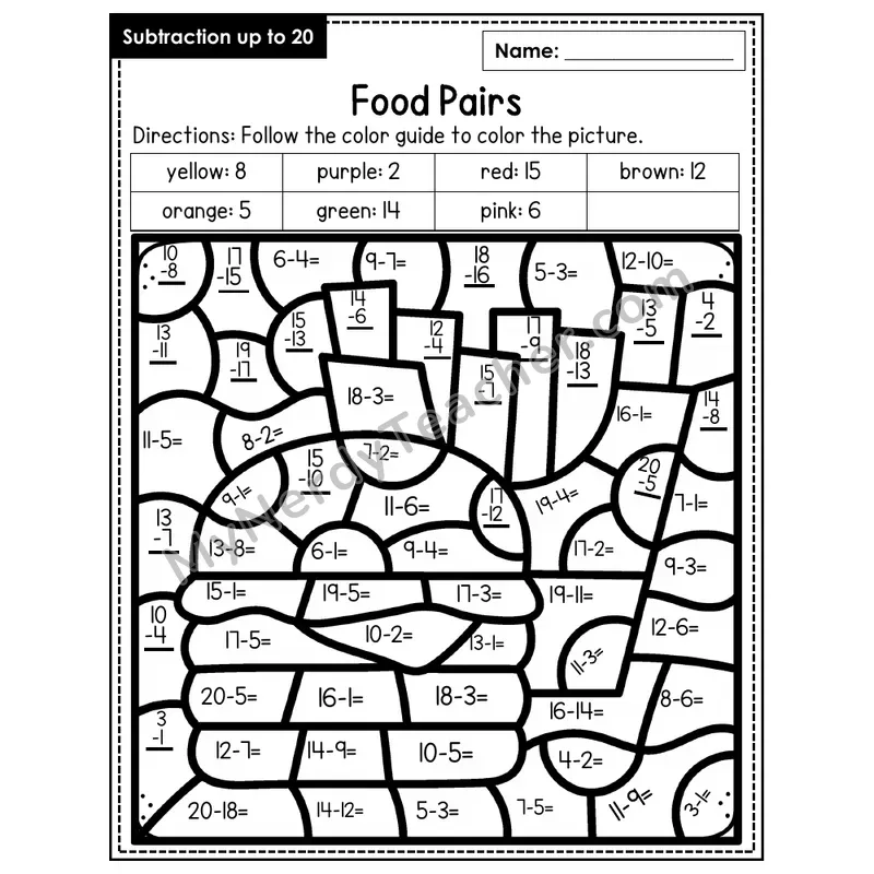 Subtraction to 20 Color by Number — Food Pairs (Page 5)