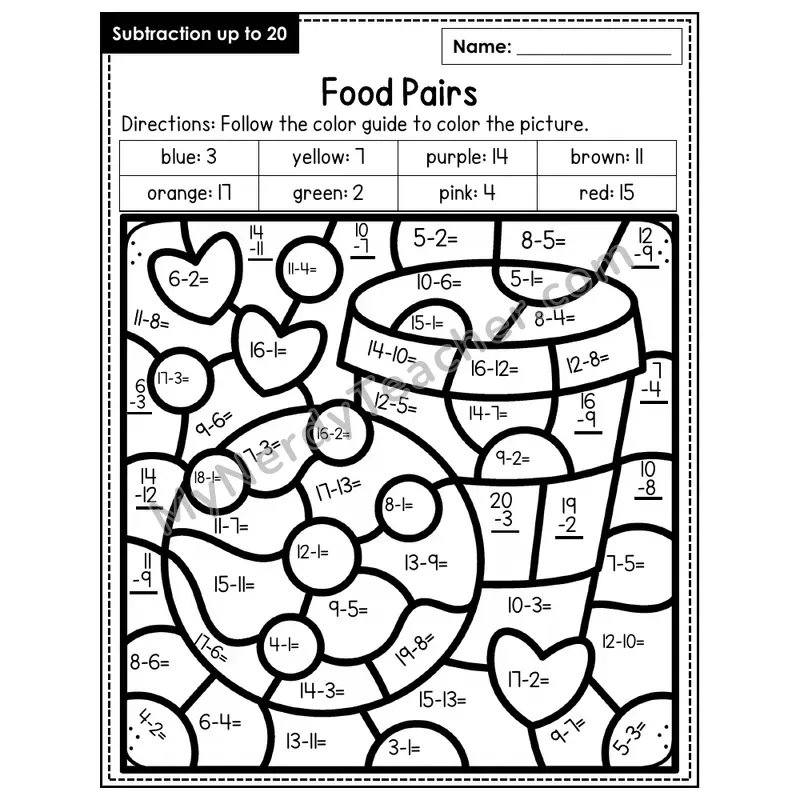 Subtraction to 20 Color by Number — Food Pairs (Page 8)