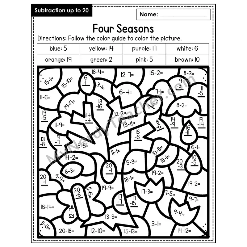 Subtraction to 20 Color by Number — Four Seasons (Page 4)