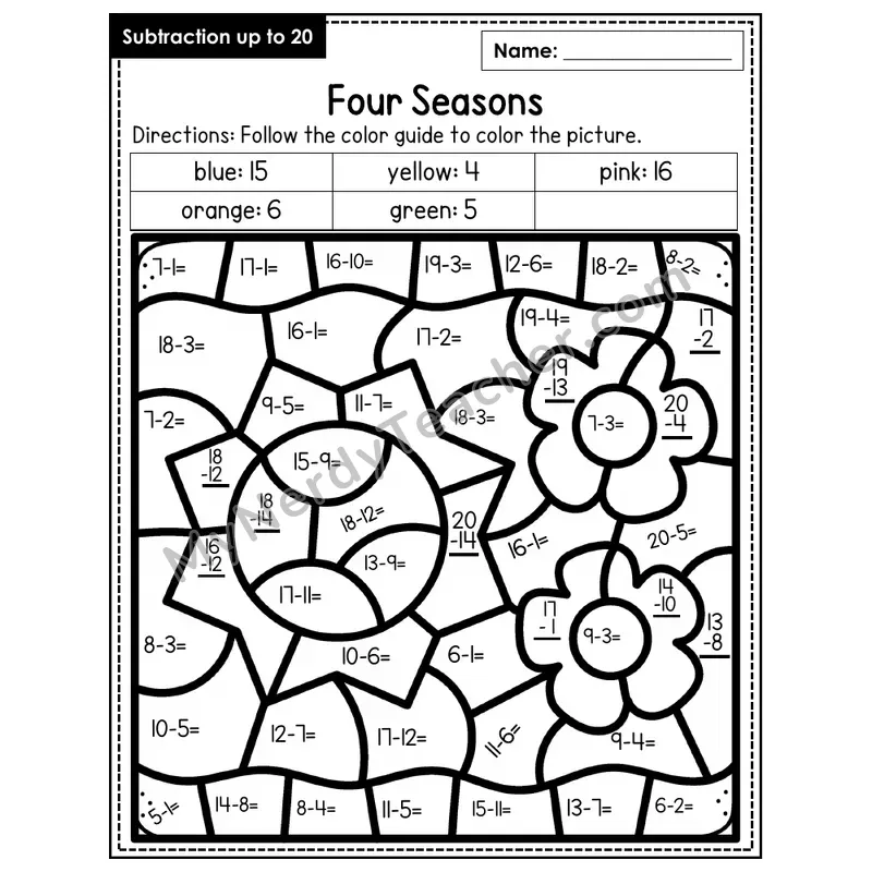 Subtraction to 20 Color by Number — Four Seasons (Page 5)