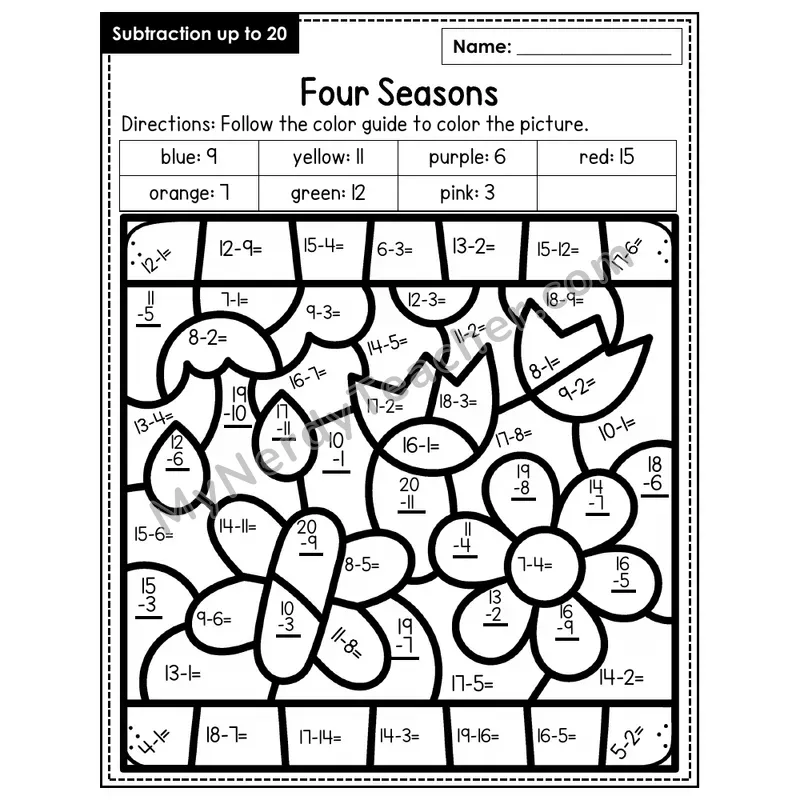 Subtraction to 20 Color by Number — Four Seasons (Page 3)