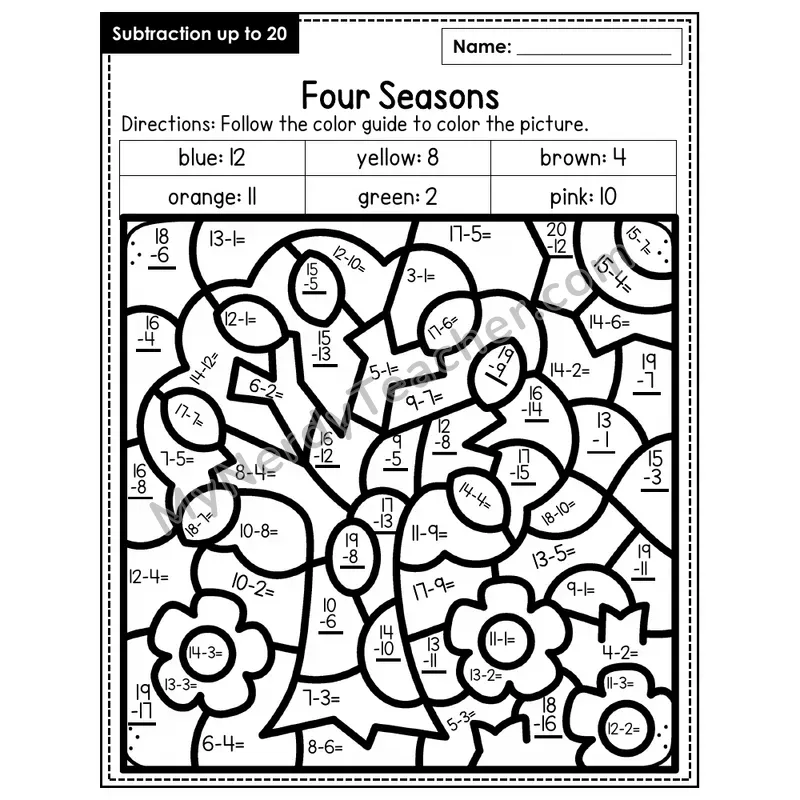 Subtraction to 20 Color by Number — Four Seasons (Page 6)